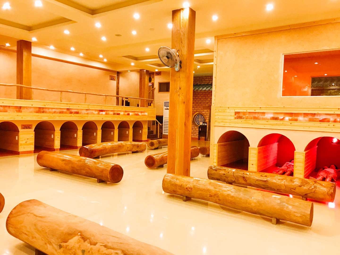 Jjimjilbang common floor in South Korea with domed kiln sauna rooms and heated stone floors