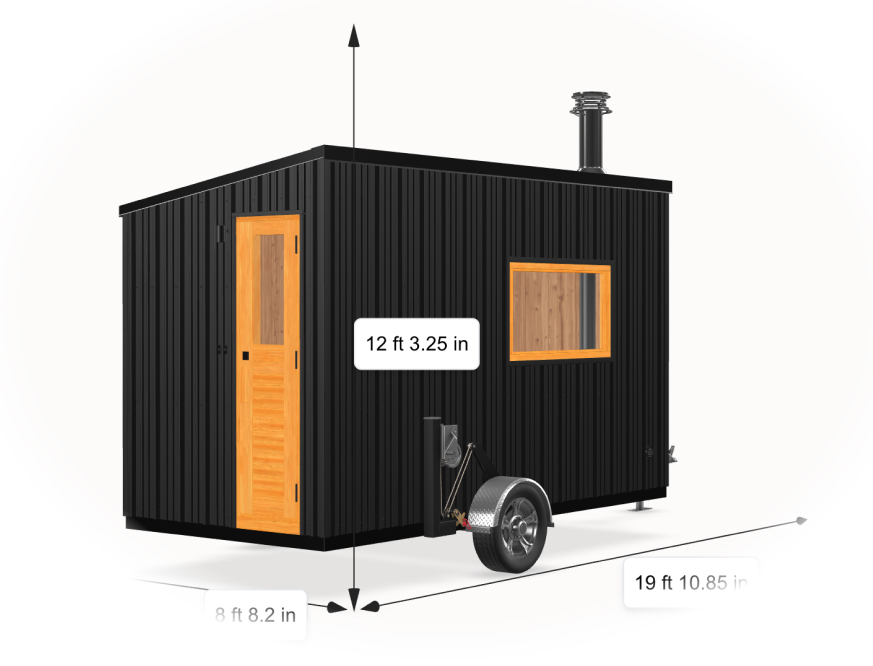 Gooseberry mobile sauna dimension diagram showing 19 ft total towed length, 6.5 x 14 ft flagship cedar sauna trailer