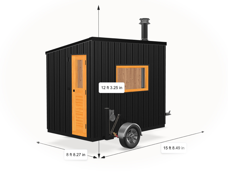 Huron mobile sauna dimension diagram showing 15 ft total towed length, 6.5 x 10 ft cedar hot room with black metal exterior on a steel trailer