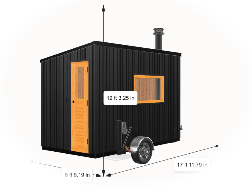 Superior mobile sauna dimension diagram showing 17 ft total towed length, 6.5 x 12 ft cedar sauna trailer with optional changing room
